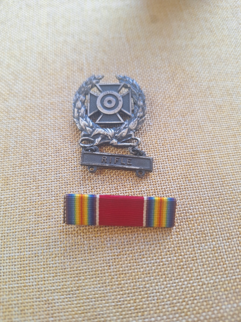 Sterling WWII Marksman Medal with Red and Multicolor Ribbon Bar